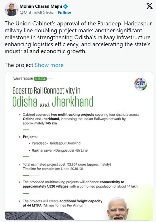 Union Cabinet Clears Two Key Railway Projects in Odisha Worth ₹3,907 Crore